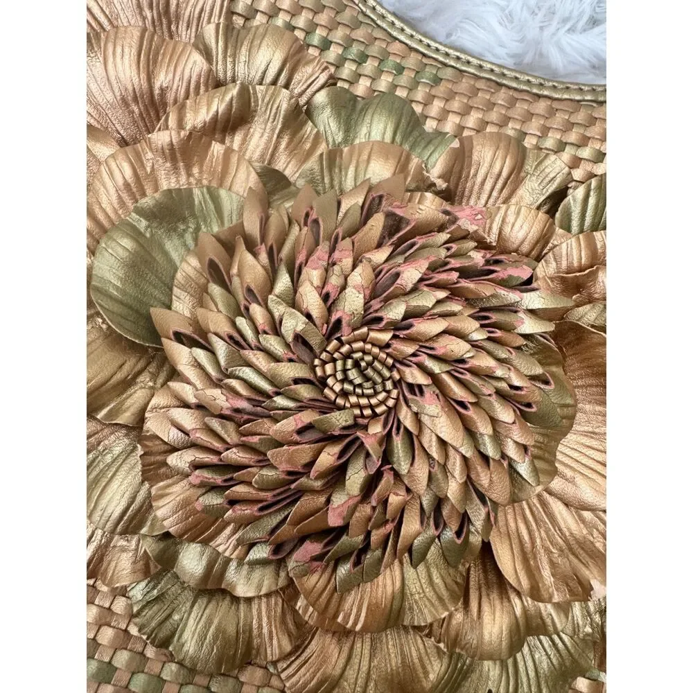 Cabouchon Woven Metallic Gold Leather Tote with Oversized Flower Applique